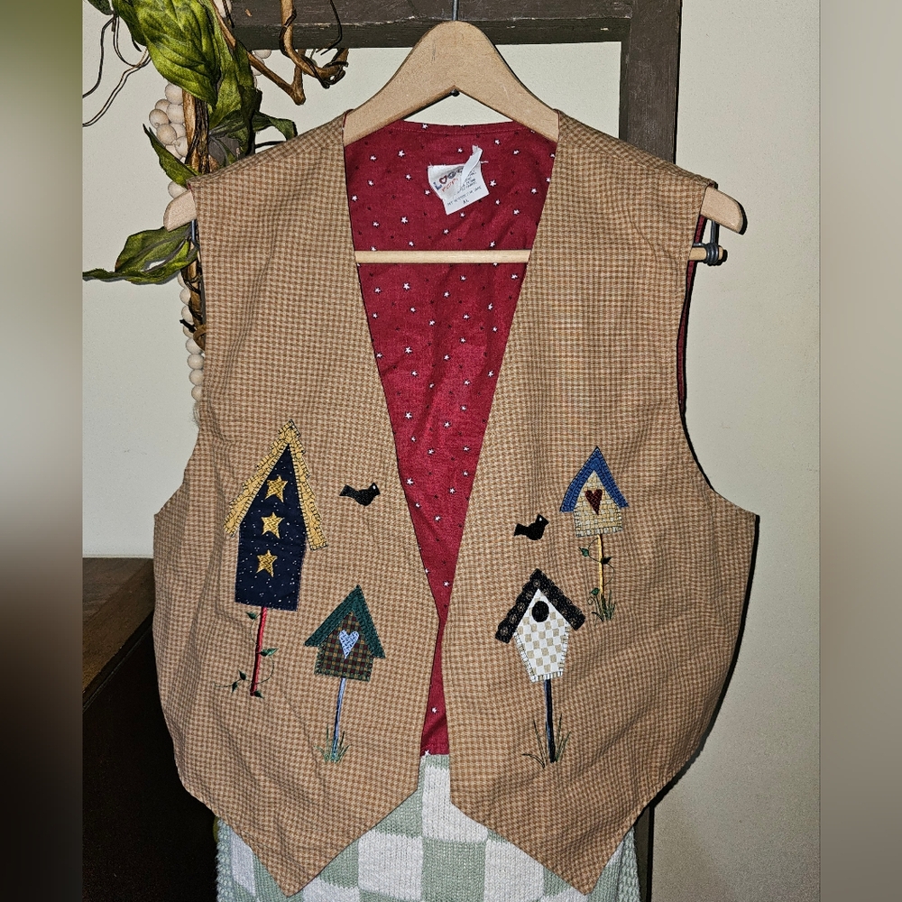 Vtg Embroidered Vest‎ Women's Cotton Birds Birdhouse Fall Teacher Art 90s Nature